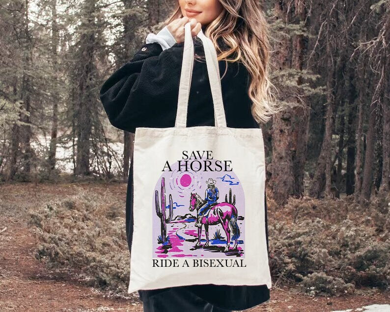 save a horse ride a bisexual tote bag