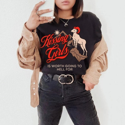 Kissing girls is worth going to hell for | sapphic shirt | lesbian vampires | subtle lesbian |  lesbian clothes | femme lesbian | bisexual