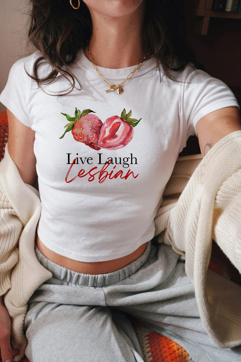 Live laugh lesbian | retro lesbian shirt | strawberry retro 90s tee | lesbian crop top | lesbian tank top | funny lesbian shirt | sapphic