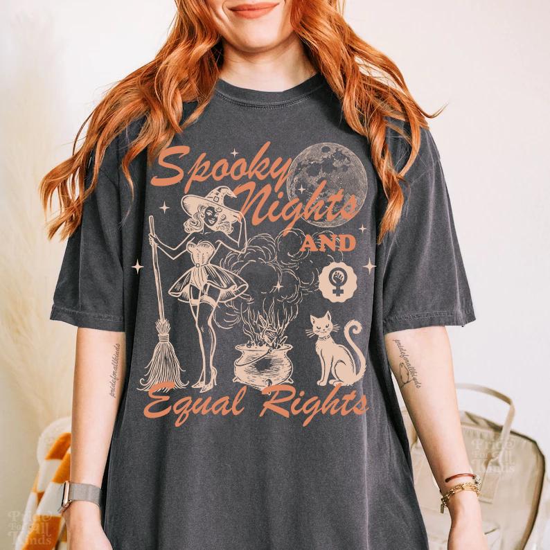 Spooky nights and equal rights | feminist halloween shirt | burn the patriarchy | retro feminist | halloween cat shirt | hex the patriarchy
