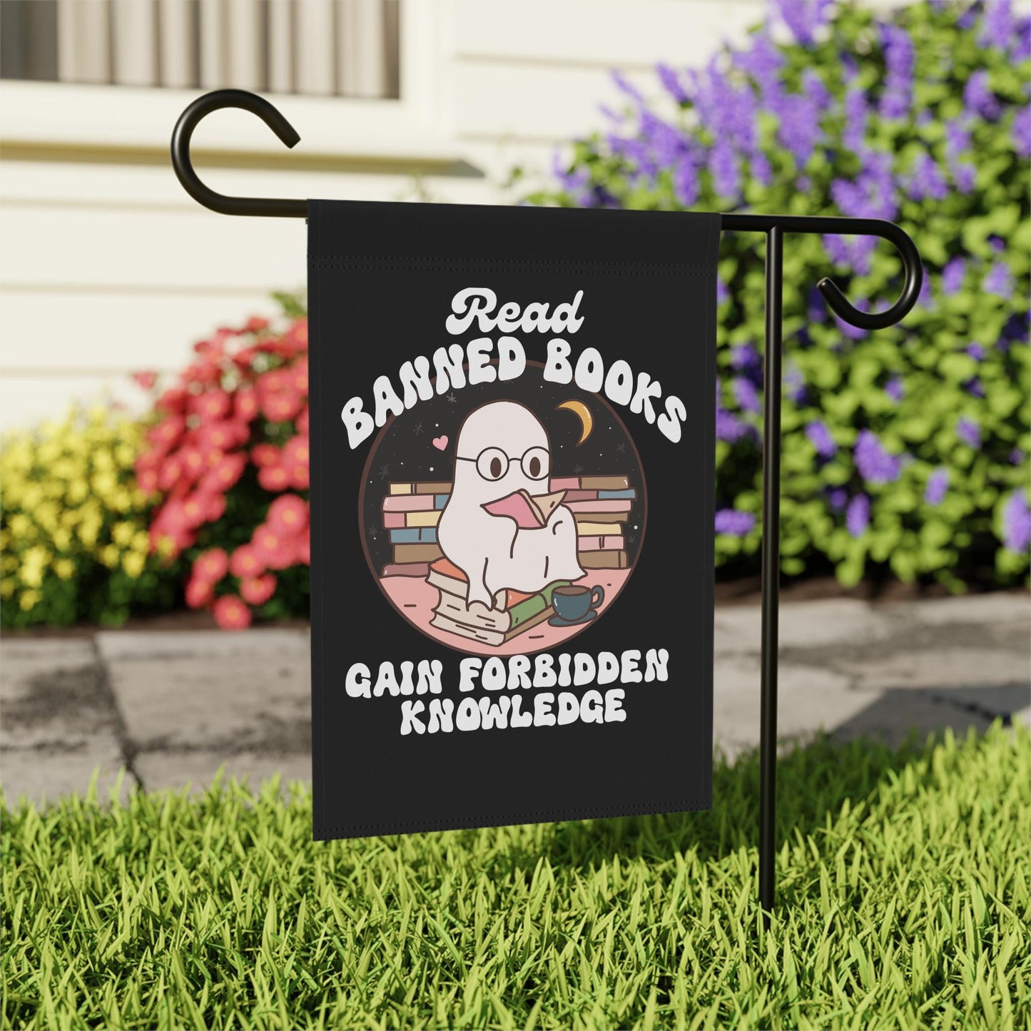 Read banned books gain forbidden knowledge | feminist halloween flag | cute retro ghost reading | librarian garden flag | feminist fall flag