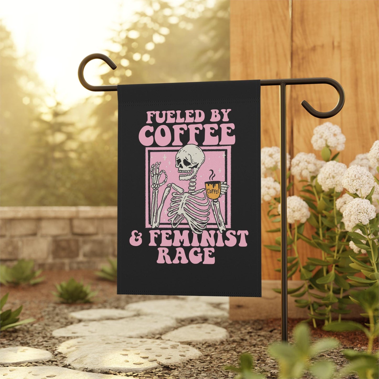 Fueled by coffee and feminist rage garden flag | feminist halloween | boil the patriarchy flag | burn the patriarchy flag | feminist flag