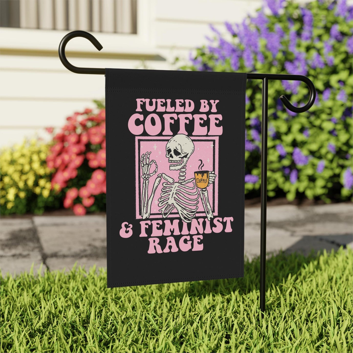 Fueled by coffee and feminist rage garden flag | feminist halloween | boil the patriarchy flag | burn the patriarchy flag | feminist flag