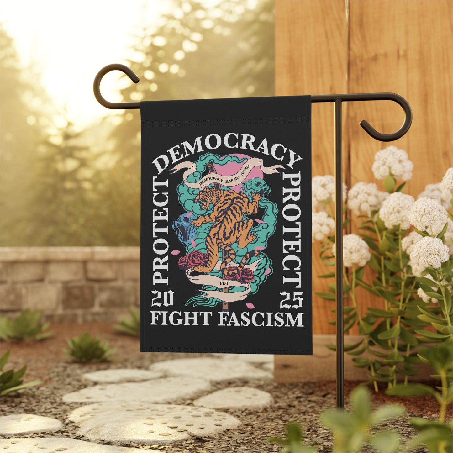 Protect democracy flag | defend democracy | resist flag | fdt garden flag | fight fascism | no kings no tyrants | social justice | liberal