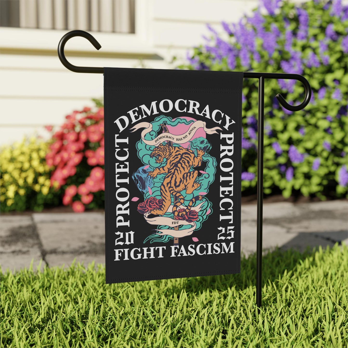 Protect democracy flag | defend democracy | resist flag | fdt garden flag | fight fascism | no kings no tyrants | social justice | liberal
