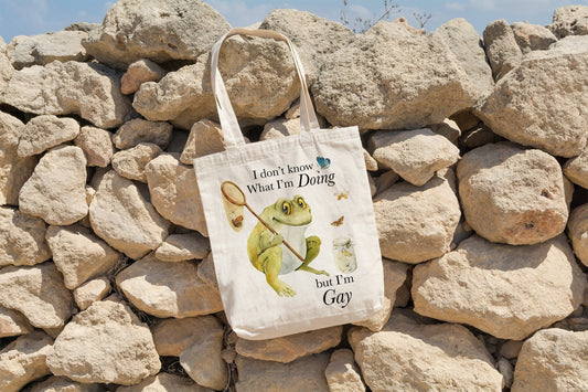 I don't know what i'm doing but im gay tote bag