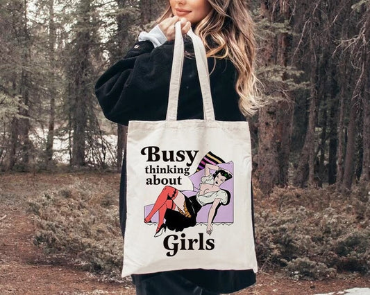 Busy thinking about girls tote bag