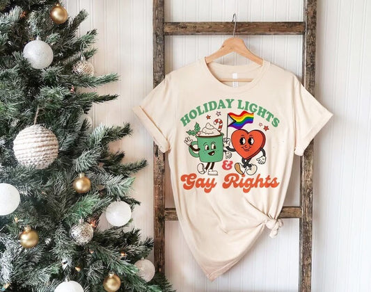 Holiday lights and gay rights shirt | lgbtq pride christmas | gay xmas | retro queer christmas | lesbian | holiday | bisexual | trans xmas