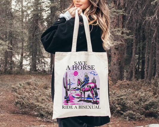 save a horse ride a bisexual tote bag