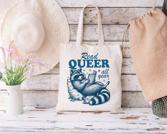 Read queer all year | queer tote bag | reading tote bag | lesbian tote bag | trans tote bag | feminist tote | lgbt tote bag | library tote
