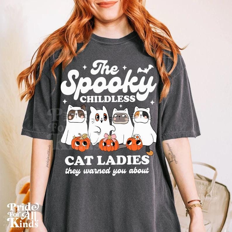 spooky childless cat lady for kamala | cat ghost shirt | cat lady kamala | kamala harris meme | feminist halloween | kamala harris meme |