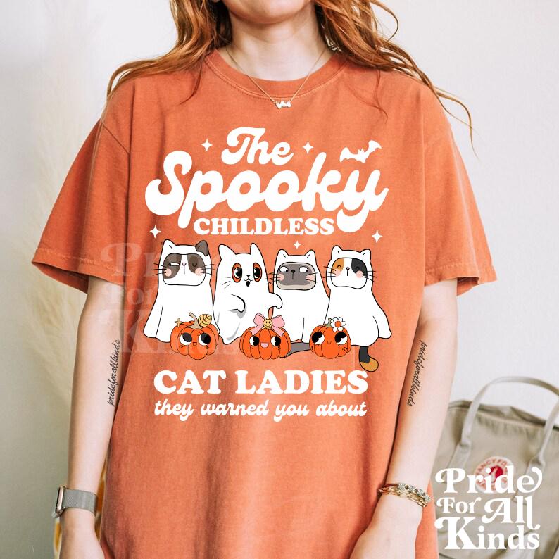 spooky childless cat lady for kamala | cat ghost shirt | cat lady kamala | kamala harris meme | feminist halloween | kamala harris meme |