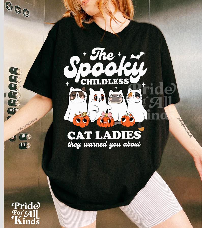 spooky childless cat lady for kamala | cat ghost shirt | cat lady kamala | kamala harris meme | feminist halloween | kamala harris meme |