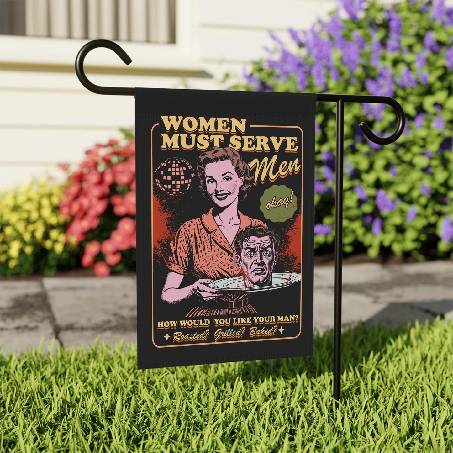 Women must serve men garden flag | feminist halloween flag | feminist fall | autumn feminist | feminist witch flag | leftist garden flag