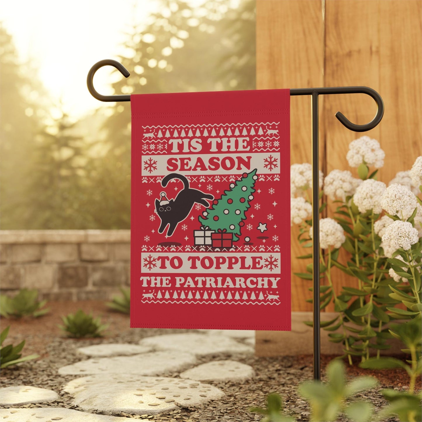 Tis the season to topple the patriarchy | christmas cat flag | childless cat lady christmas flag | feminist christmas flag | xmas | sleigh