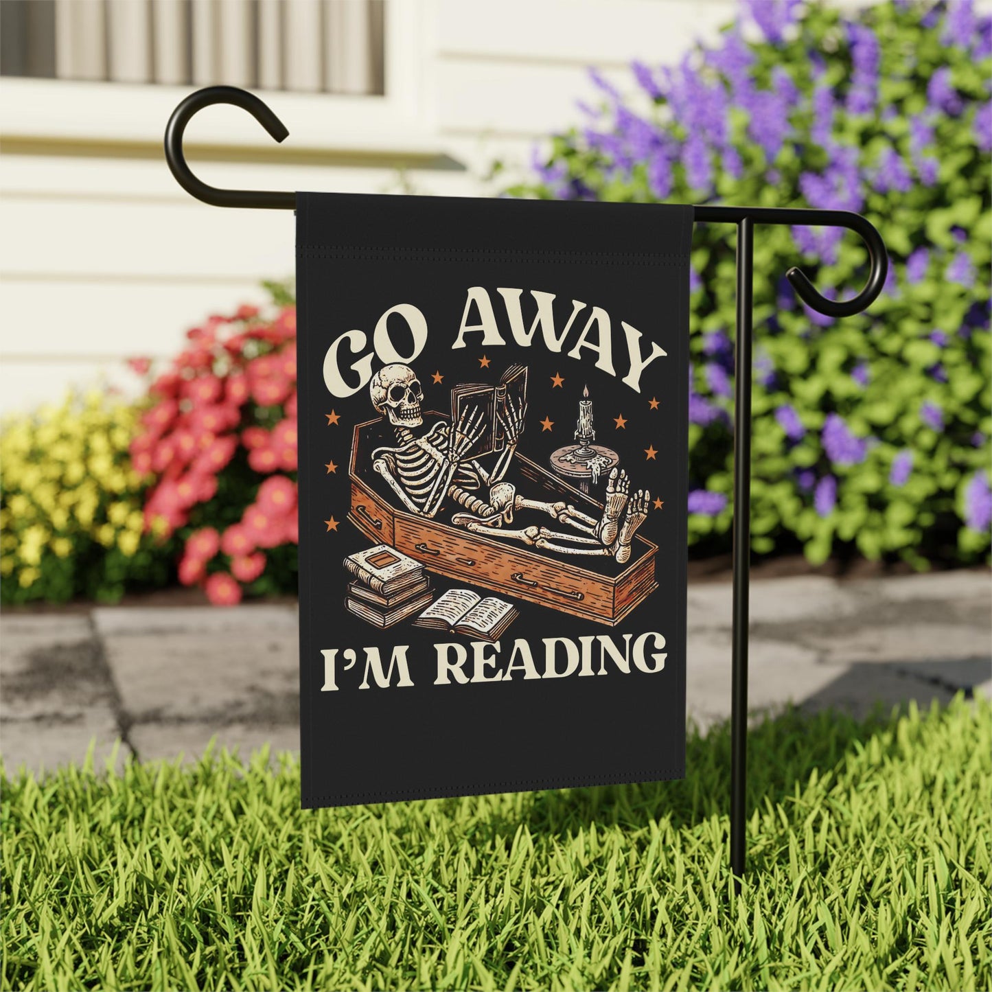 Go away im reading flag | skeleton reading book garden flag | feminist halloween | librarian halloween | spooky book | read banned books