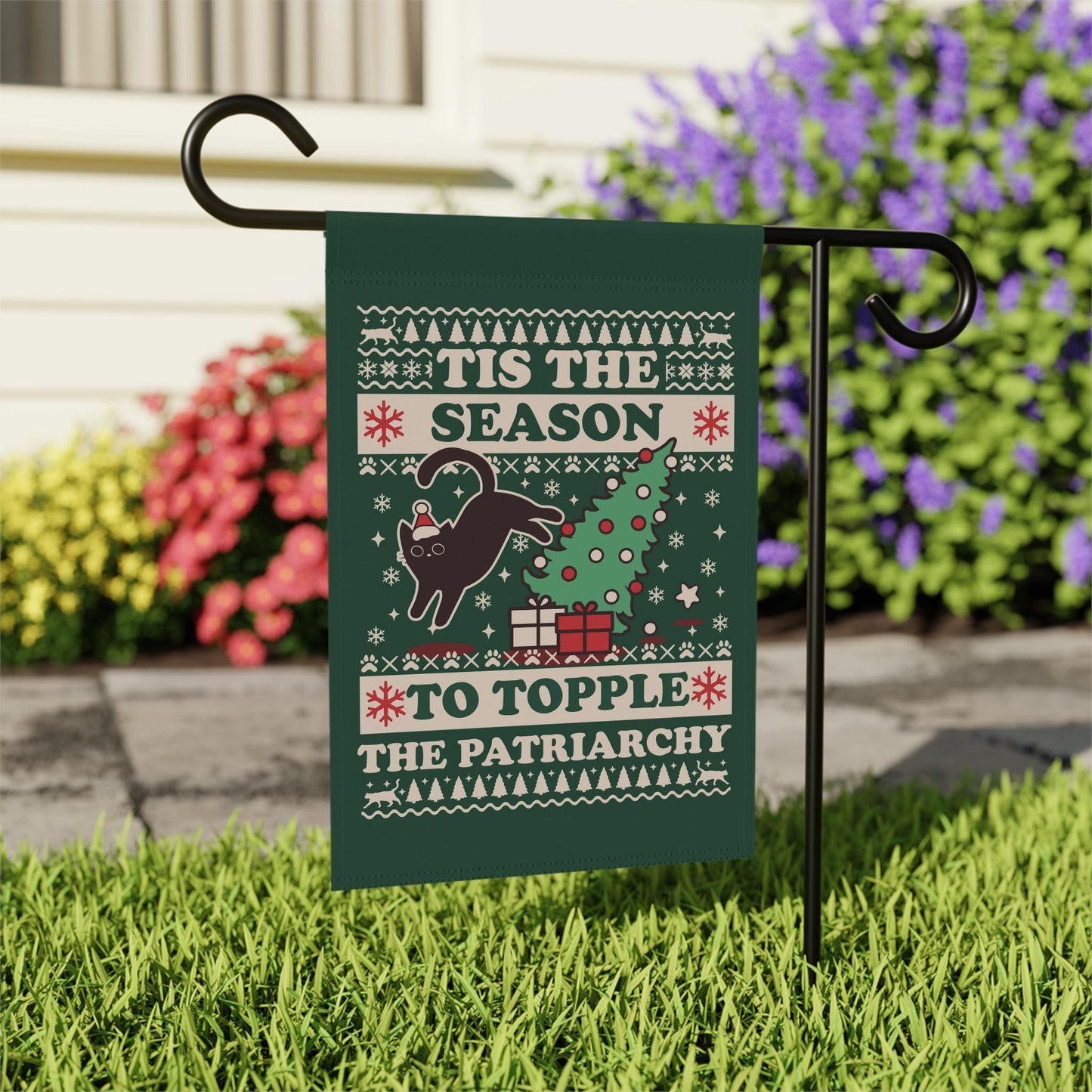 Tis the season to topple the patriarchy flag | christmas cat flag | childless cat lady christmas gift | cat lady house flag | retro cat xmas