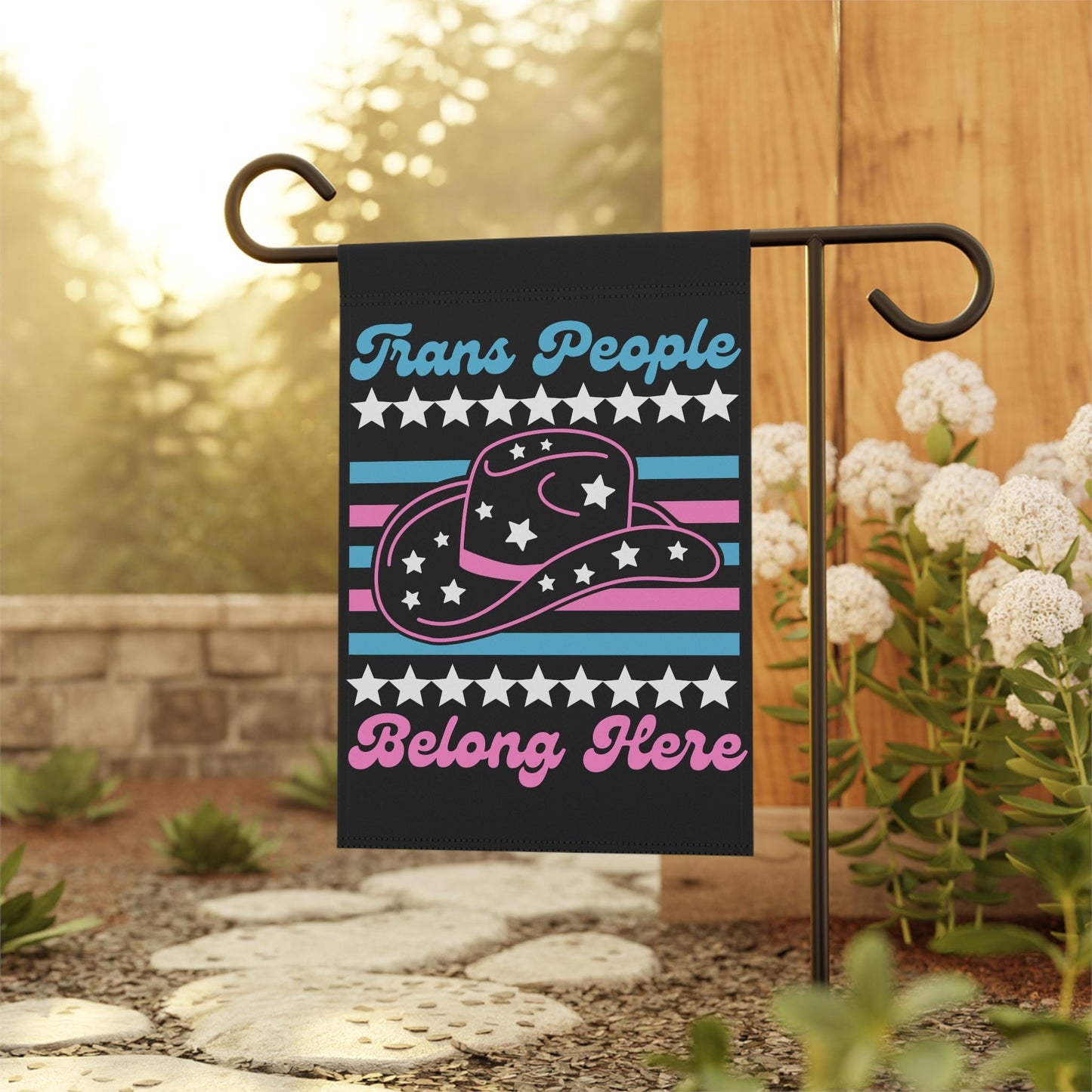 Trans people belong here flag | trans pride flag | trans garden flag | trans gift | trans art | trans ally | trans rights protect trans kids